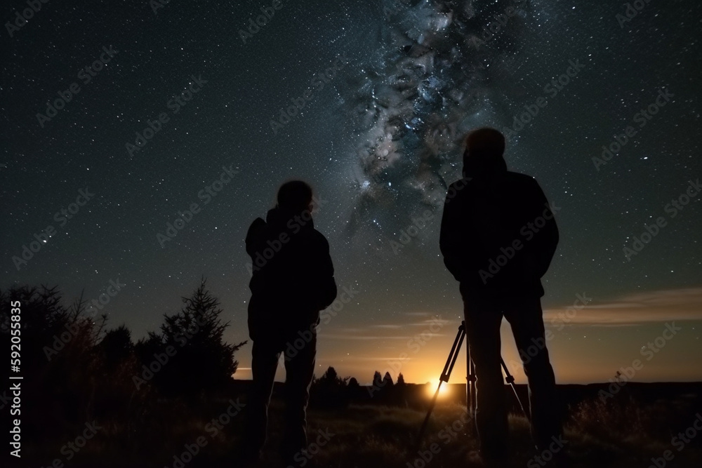 couple looking into space from earth with telescope at night time Generative AI