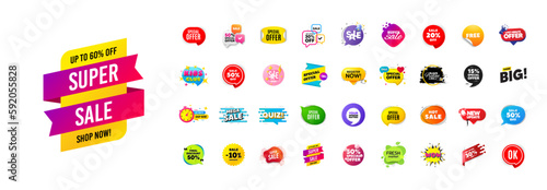 Discount offer sale banners pack. Promo price deal stickers. Special offer 3d speech bubble. Promotion flash coupons. Mega discount deal banners. Sale chat speech bubble. Ad promo message. Vector