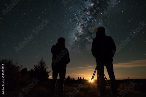 couple looking into space from earth with telescope at night time Generative AI