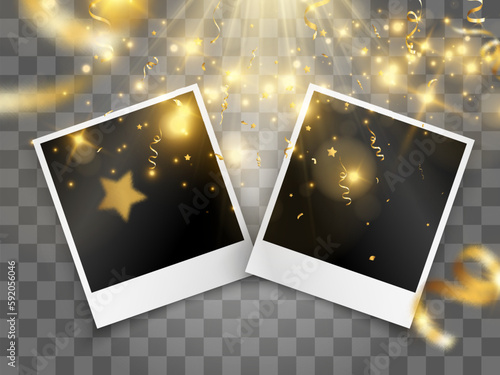 Congratulatory photo frame with golden confetti.  © Olga