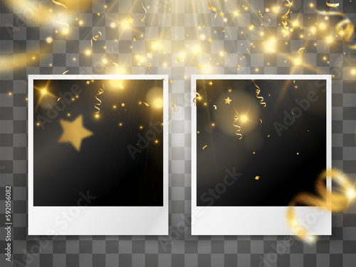 Congratulatory photo frame with golden confetti.
