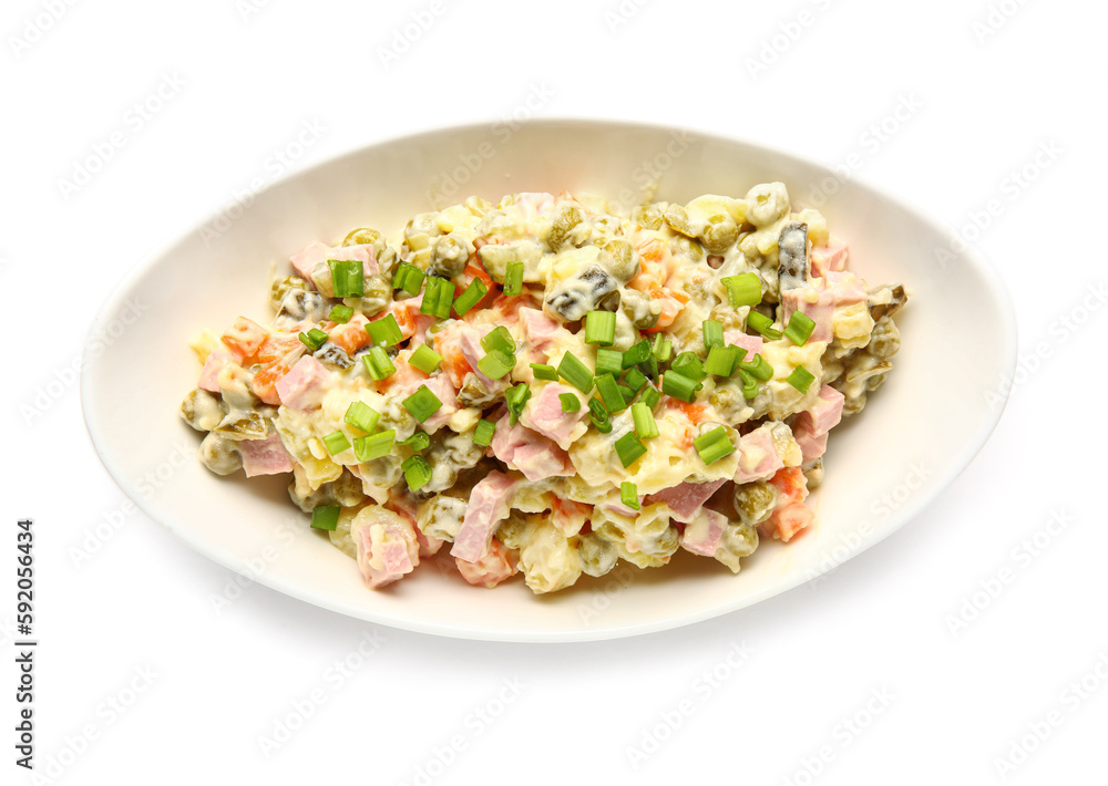 Bowl of tasty Olivier salad on white background Bowl of tasty Olivier salad on white background