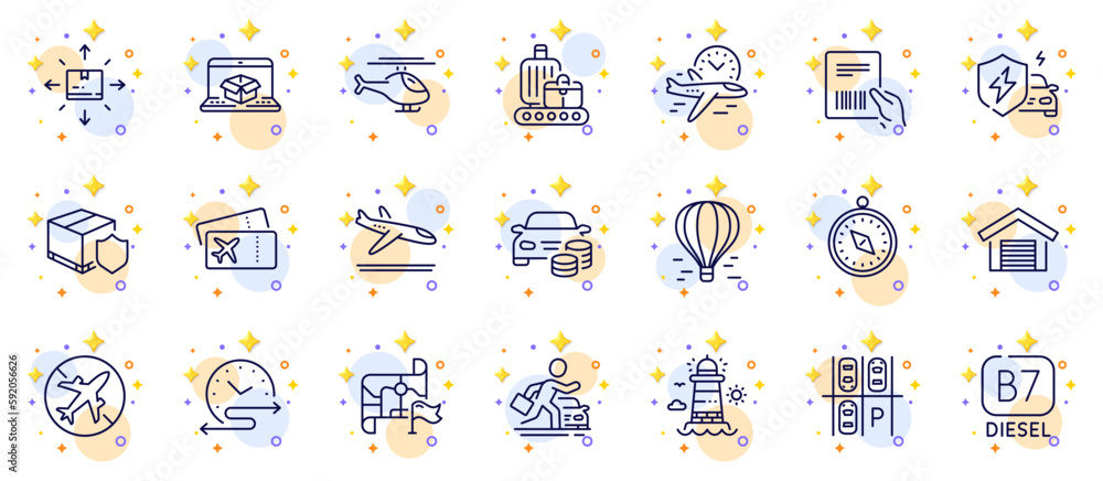 Outline set of Flight time, Baggage belt and Online delivery line icons for web app. Include Destination flag, Air balloon, Cardboard box pictogram icons. Delivery insurance. Vector Outline set of Flight time, Baggage belt and Online delivery line icons for web app. Include Destination flag, Air balloon, Cardboard box pictogram icons. Delivery insurance. Vector