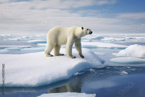 Lonely polar bear standing on top of a singular ice shell  climate change - Generative AI