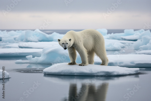 Lonely polar bear standing on top of a singular ice shell, climate change - Generative AI