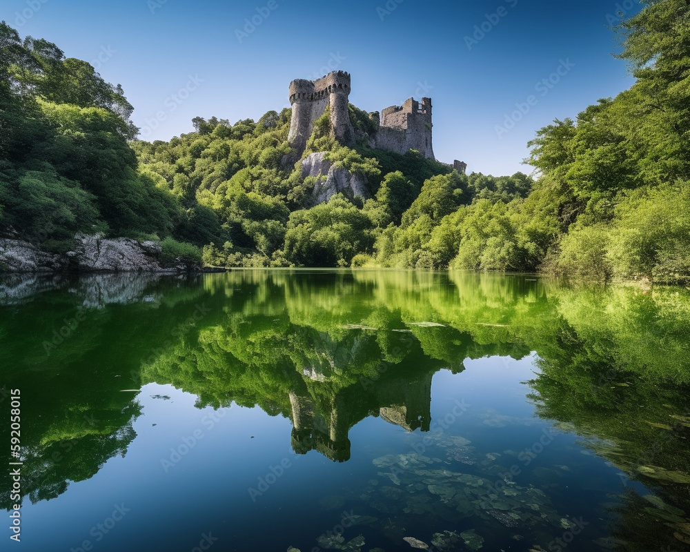 Hidden and abandoned overgrown castle on a lakeside, blue sky with green forest around - Generative AI