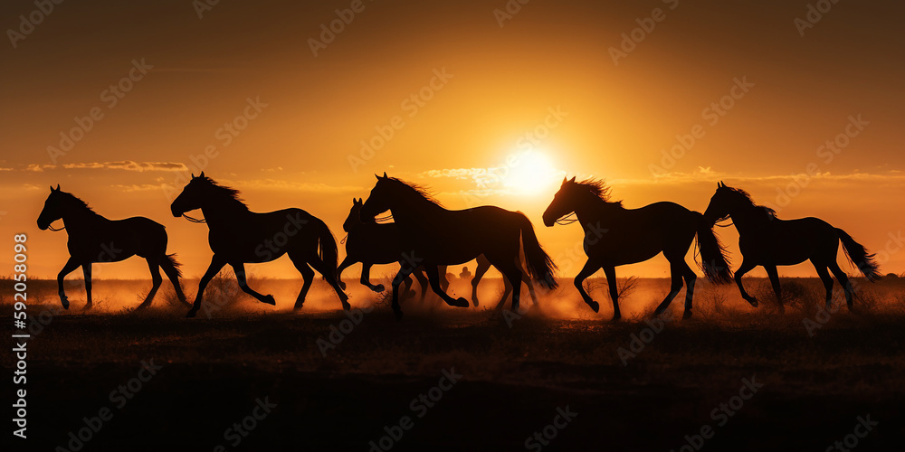 Herd of horses running in a dusty field at sunset, golden hour western- Generative AI Herd of horses running in a dusty field at sunset, golden hour western- Generative AI