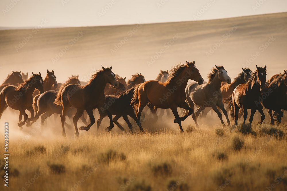 Fototapeta premium Horses running in a dusty field on a sunny day, looking majestic - Generative AI