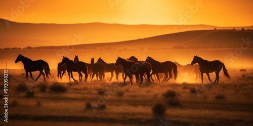 Herd of horses running in a dusty field at sunset  golden hour western- Generative AI