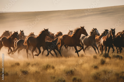 Horses running in a dusty field on a sunny day  looking majestic - Generative AI