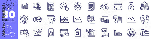 Checklist, Card and Coins bags line icons pack. Bar diagram, Pos terminal, Dollar rate web icon. Mobile finance, Money calendar, Loyalty star pictogram. Travel loan, Money currency. Vector