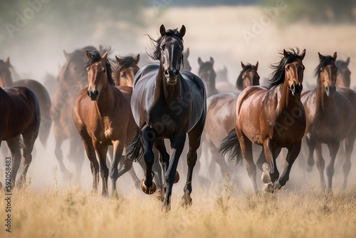 Horses running in a dusty field on a sunny day, looking majestic - Generative AI