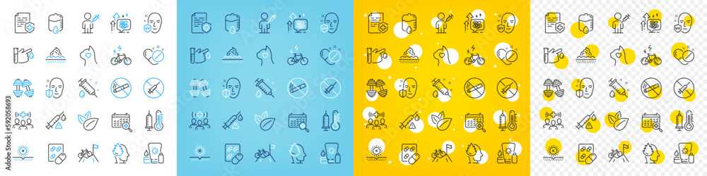 Vector icons set of E-bike, No sun and No smoking line icons pack for web with Medical staff, Mountain bike, Blood donation outline icon. Medical pills, Drop counter, Capsule pill pictogram. Vector Vector icons set of E-bike, No sun and No smoking line icons pack for web with Medical staff, Mountain bike, Blood donation outline icon. Medical pills, Drop counter, Capsule pill pictogram. Vector