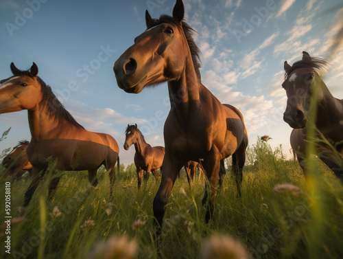 Dynamic photo of a herd of horses running in a field of tall green grass - Generative AI