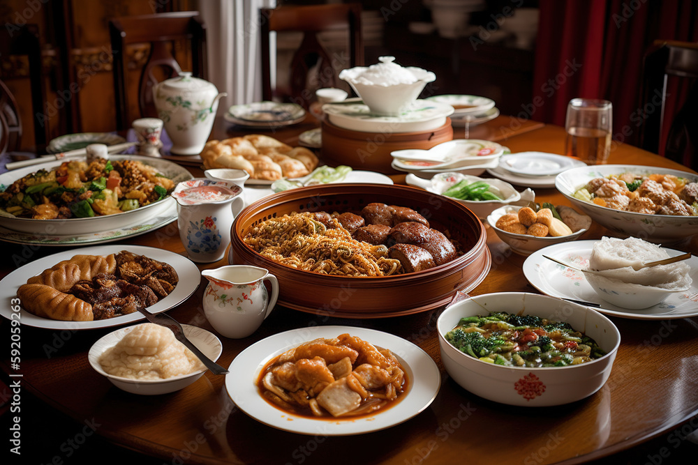 A delicious, Chinese meal, highlighting a variety of dishes such as Peking duck, mapo tofu and dumplings, served on a lazy Susan or large table, encouraging sharing and togetherness. Generative AI