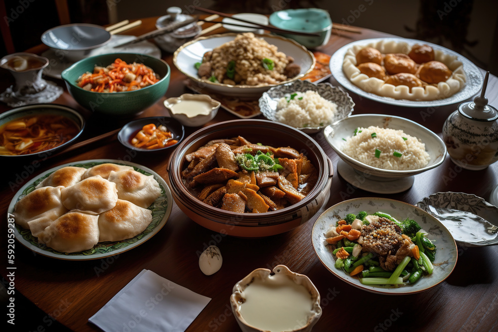 A delicious, Chinese meal, highlighting a variety of dishes such as Peking duck, mapo tofu and dumplings, served on a lazy Susan or large table, encouraging sharing and togetherness. Generative AI