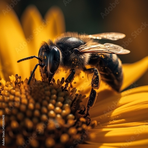 a macro shot of a bee in a sunflower