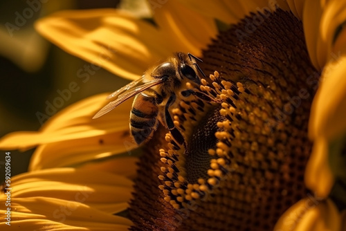 a macro shot of a bee in a sunflower