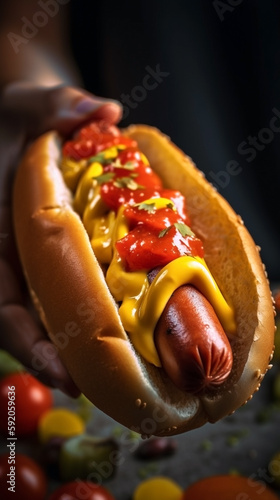 a hand holding a hot dog