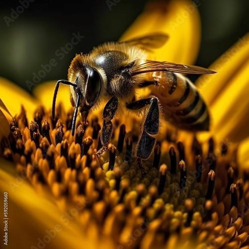 a macro shot of a bee in a sunflower