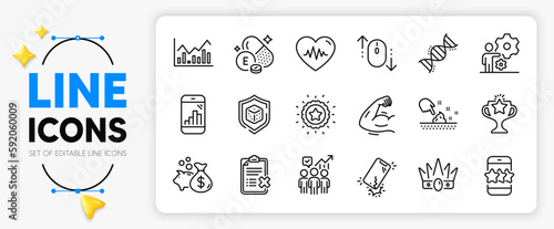 Job, Strong arm and Skin moisture line icons set for app include Star, Smartphone broken, Graph phone outline thin icon. Scroll down, Vitamin e, Crown pictogram icon. Chemistry dna, Dice, Loan. Vector