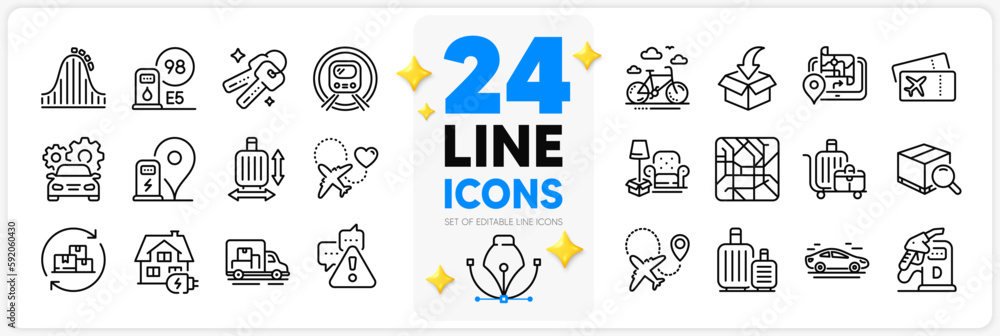 Icons set of Airplane, Baggage cart and Warning line icons pack for app with Bike rental, Gps, Roller coaster thin outline icon. Baggage size, Diesel station, Delivery change pictogram. Vector