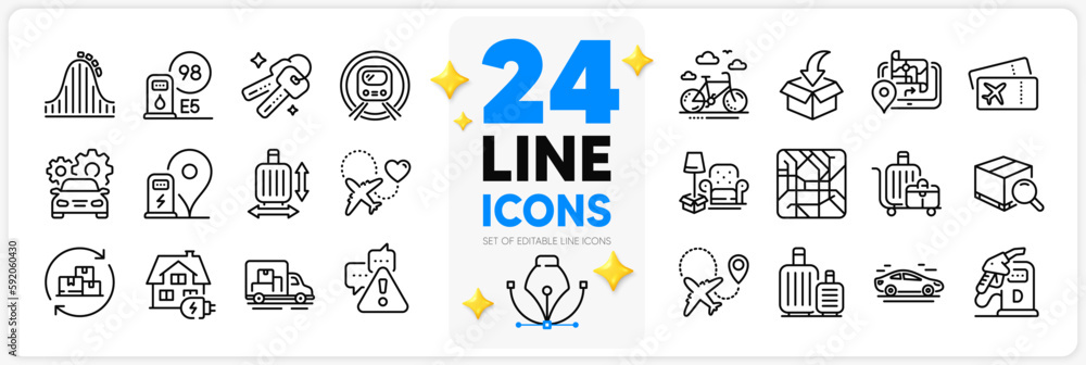 Icons set of Airplane, Baggage cart and Warning line icons pack for app with Bike rental, Gps, Roller coaster thin outline icon. Baggage size, Diesel station, Delivery change pictogram. Vector Icons set of Airplane, Baggage cart and Warning line icons pack for app with Bike rental, Gps, Roller coaster thin outline icon. Baggage size, Diesel station, Delivery change pictogram. Vector