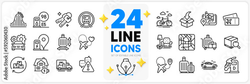 Icons set of Airplane, Baggage cart and Warning line icons pack for app with Bike rental, Gps, Roller coaster thin outline icon. Baggage size, Diesel station, Delivery change pictogram. Vector