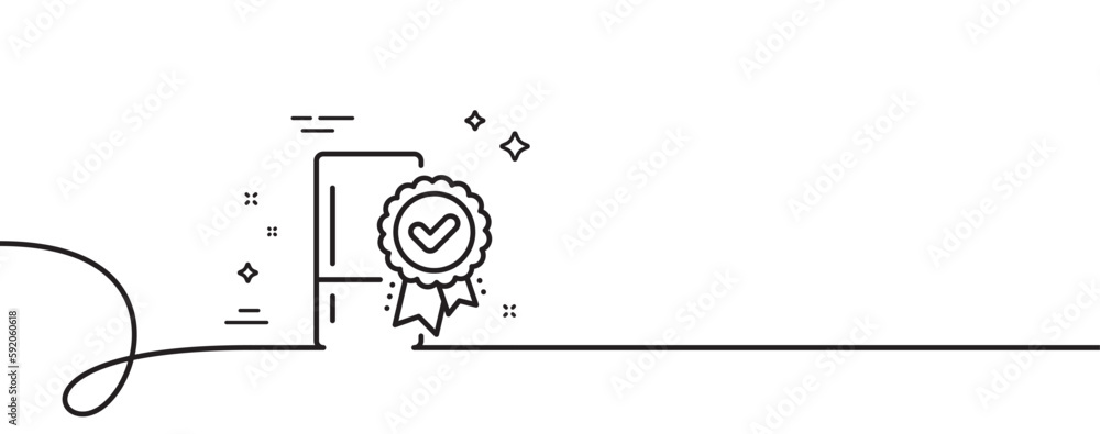 Certified refrigerator line icon. Continuous one line with curl. Fridge award sign. Freezer storage symbol. Certified refrigerator single outline ribbon. Loop curve pattern. Vector Certified refrigerator line icon. Continuous one line with curl. Fridge award sign. Freezer storage symbol. Certified refrigerator single outline ribbon. Loop curve pattern. Vector