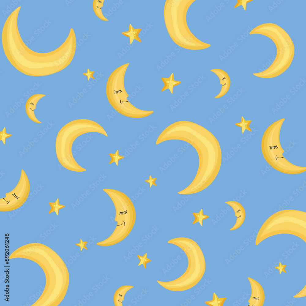 Pattern cute moons on the blue sky. In cartoon style Pattern cute moons on the blue sky. In cartoon style