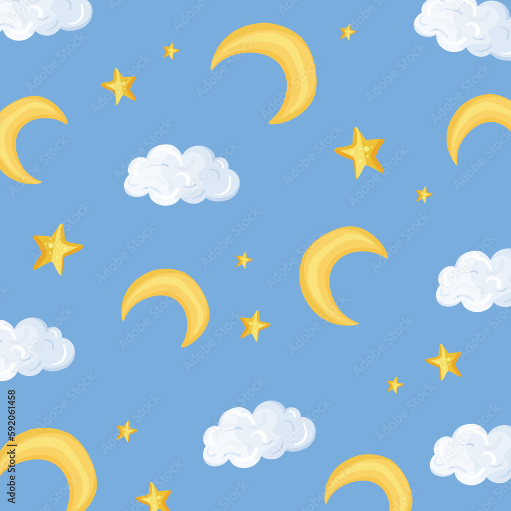 Pattern with a yellow moon and stars on a blue background. In the cartoon style Pattern with a yellow moon and stars on a blue background. In the cartoon style