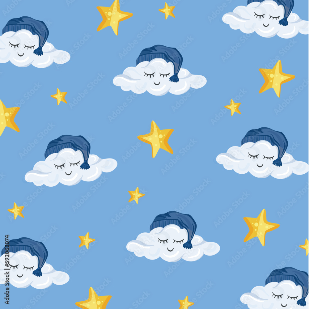 Pattern with cute clouds and stars in cartoon style on the light background Pattern with cute clouds and stars in cartoon style on the light background