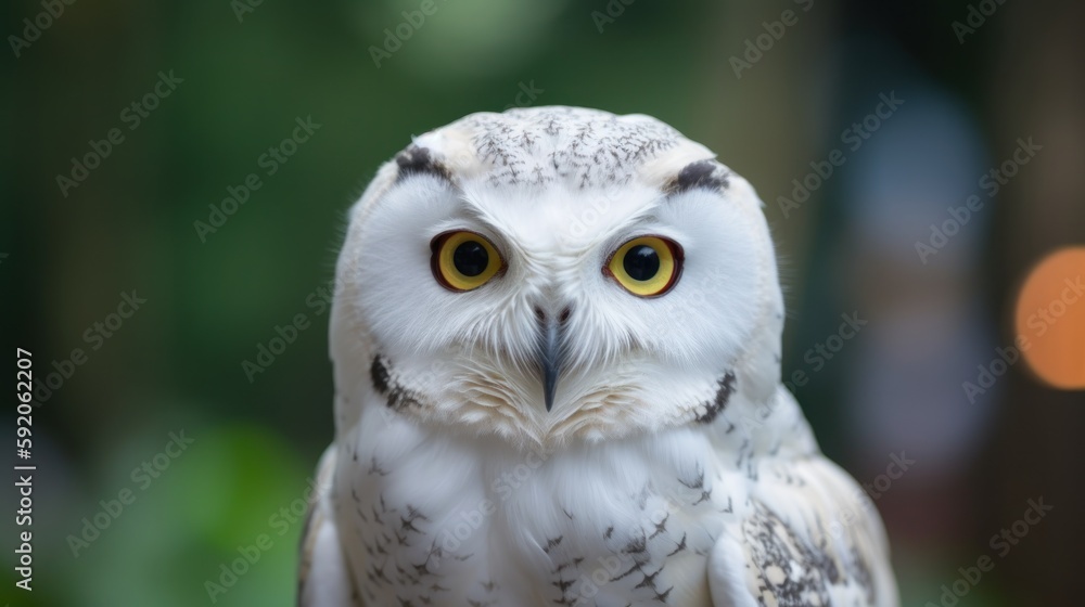 Fototapeta premium Wild snowy owl portrait. White spotted owl looked at camera. Bubo Scandiacus bird. Generative AI image