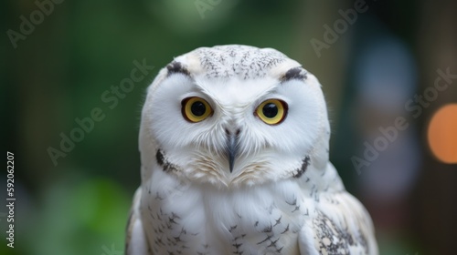 Wild snowy owl portrait. White spotted owl looked at camera. Bubo Scandiacus bird. Generative AI image photo