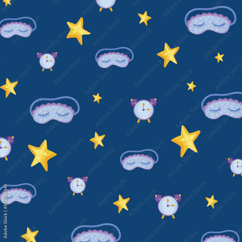 Pattern cute sleep mask, clock and stars in the cartoon style on blue background