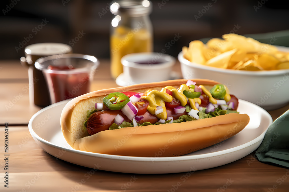 grilled hot dog with toppings, chips, and condiments on a white plate, under natural lighting grilled hot dog with toppings, chips, and condiments on a white plate, under natural lighting
