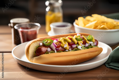 grilled hot dog with toppings  chips  and condiments on a white plate  under natural lighting