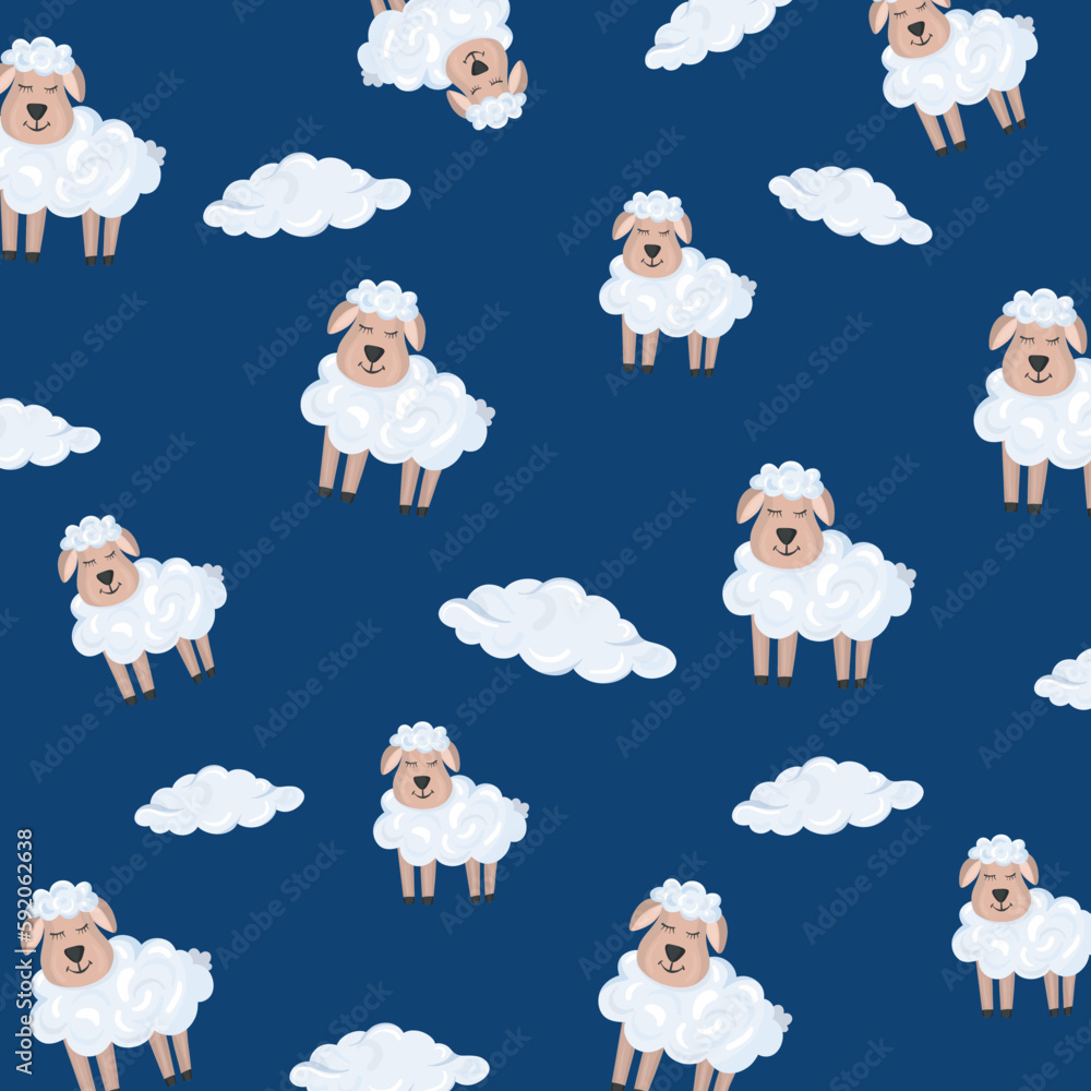 Pattern with cute sheeps and clouds on a blue background. In the cartoon style Pattern with cute sheeps and clouds on a blue background. In the cartoon style