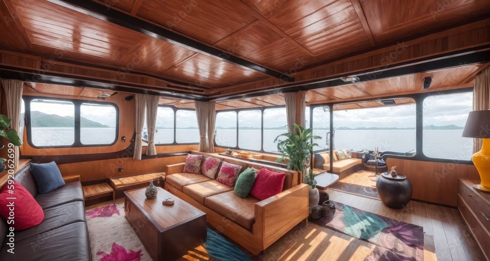 Living Exoticly A Glimpse Inside a Houseboat in Cape Cod generative ai