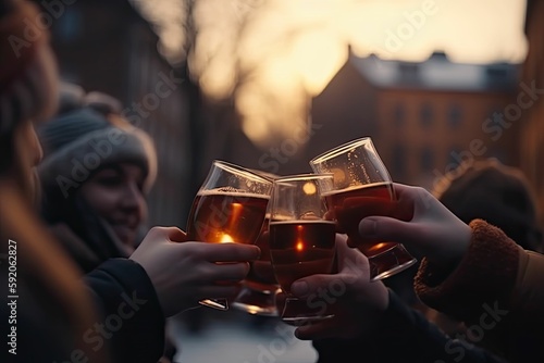People enjoying a glass of beer with each other on a summer night outside. 