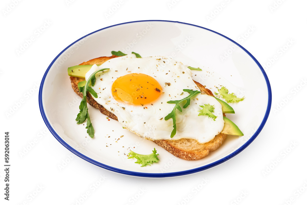 Delicious sandwich with fried egg, avocado and arugula on white background Delicious sandwich with fried egg, avocado and arugula on white background