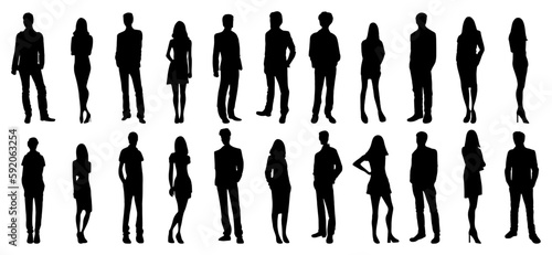 Silhouettes of men and women, a group of standing businesspeople on white background