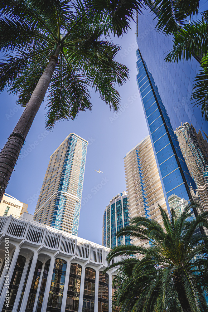 Miami, USA - December 4, 2022. View of a plain crossing the sky over the Brickell buildings in Miami