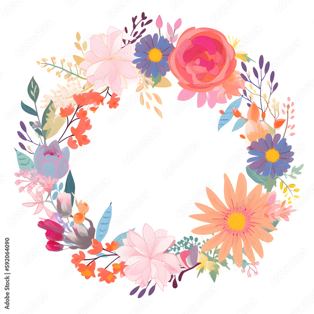 Elegant vector illustration of a circular floral arrangement, creating a charming decorative element ideal for invitations, cards, or branding.