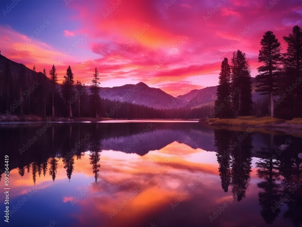The photo shows a stunning sunset over a tranquil lake surrounded by ...