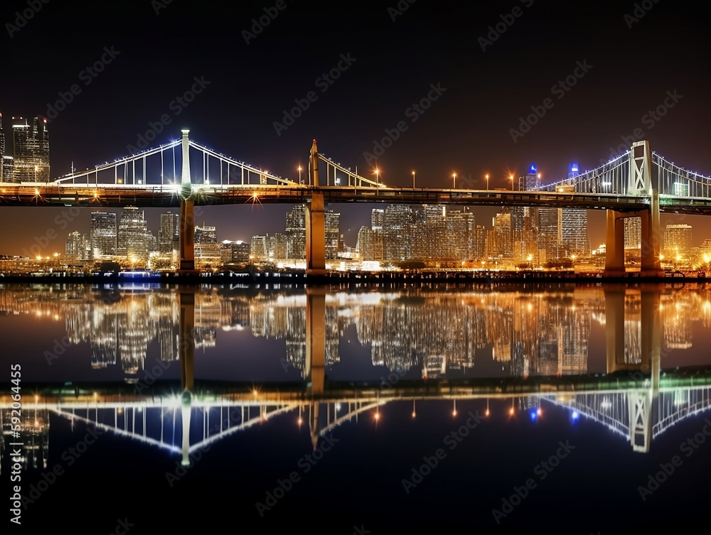 Naklejka premium The photograph captures a breathtaking view of a city skyline at night. The skyscrapers are illuminated by bright lights, and the reflections in the water below create a stunning mirror effect. In the