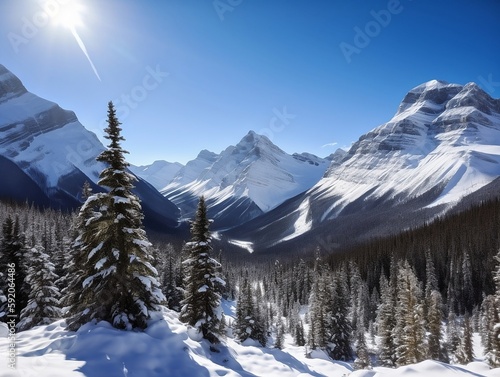 The picture shows a breathtaking view of a mountain range covered in snow. The peaks are towering over a beautiful valley, and the blue sky contrasts with the white snow. In the foreground, there are © Luca