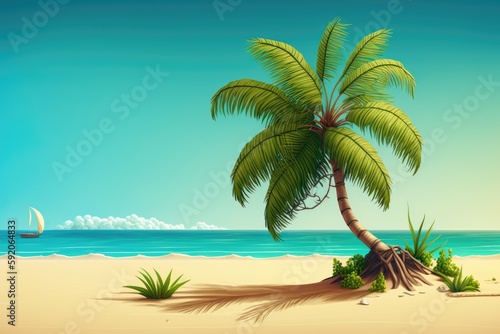 serene tropical beach with a palm tree in the foreground. Generative AI