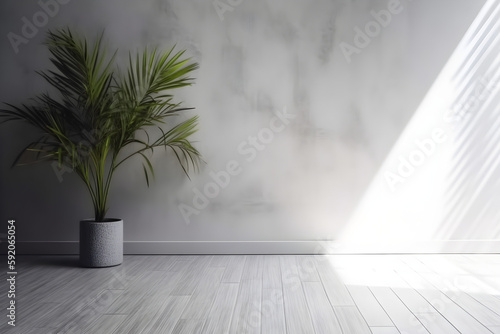 Minimalistic abstract gentle light gray concrete background with wooden dark floor for product presentation with light andand intricate shadow from the window and vegetation big palm on wall