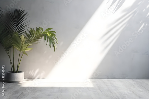 Minimalistic abstract gentle light gray concrete background with wooden dark floor for product presentation with light andand intricate shadow from the window and vegetation big palm on wall